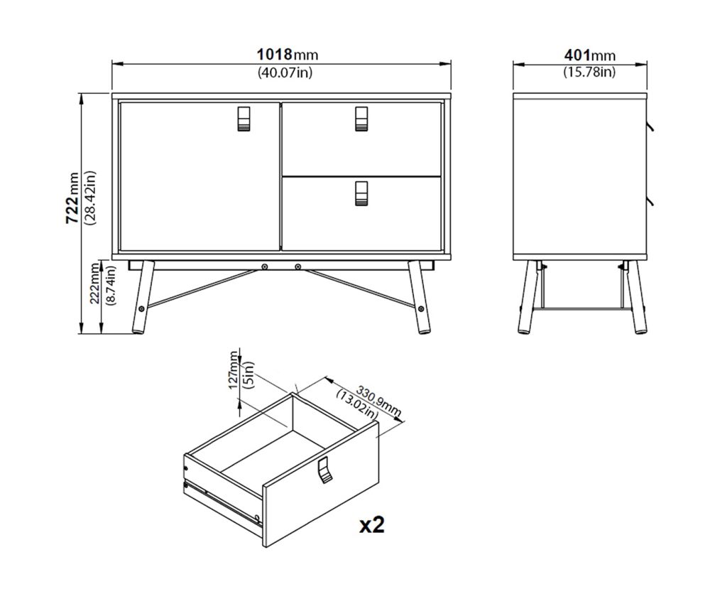 FTG Ry Matt Black and Walnut 1 Door 2 Drawer Sideboard