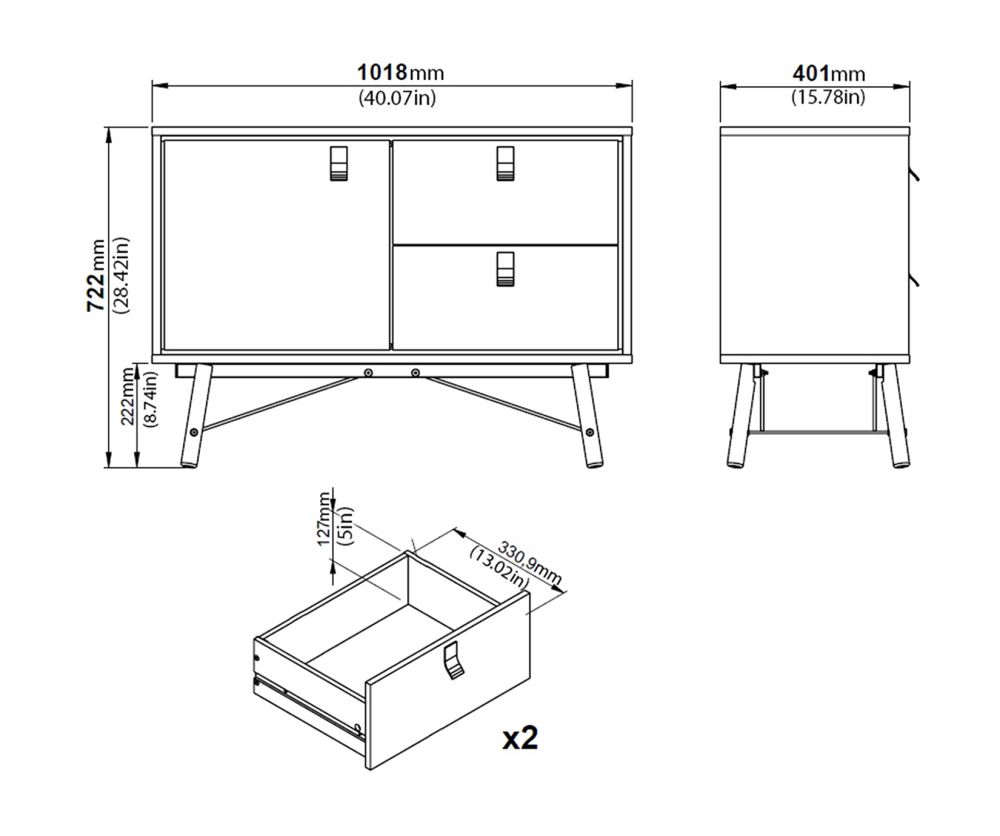 FTG Ry Matt White 1 Door 2 Drawer Sideboard