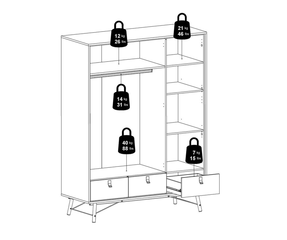 FTG Ry Matt Black and Walnut 3 door 3 Drawer Wardrobe