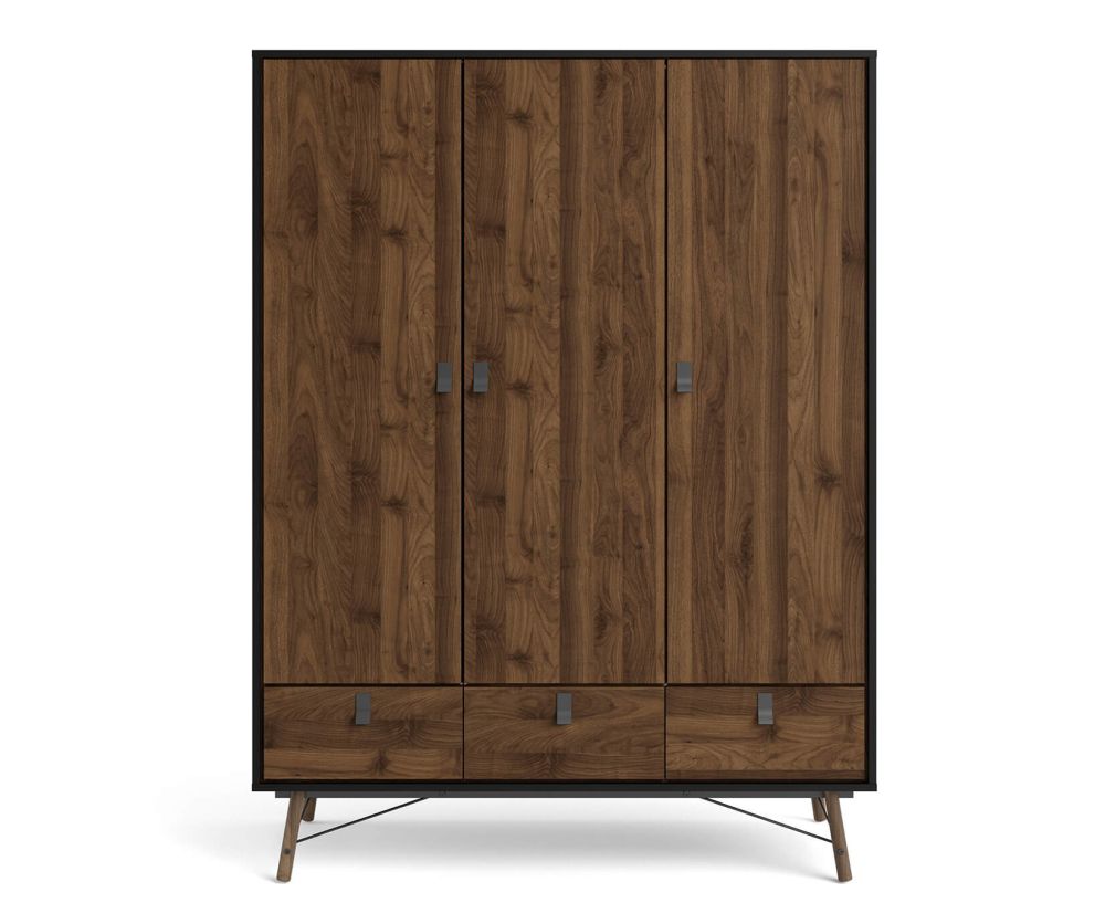 FTG Ry Matt Black and Walnut 3 door 3 Drawer Wardrobe