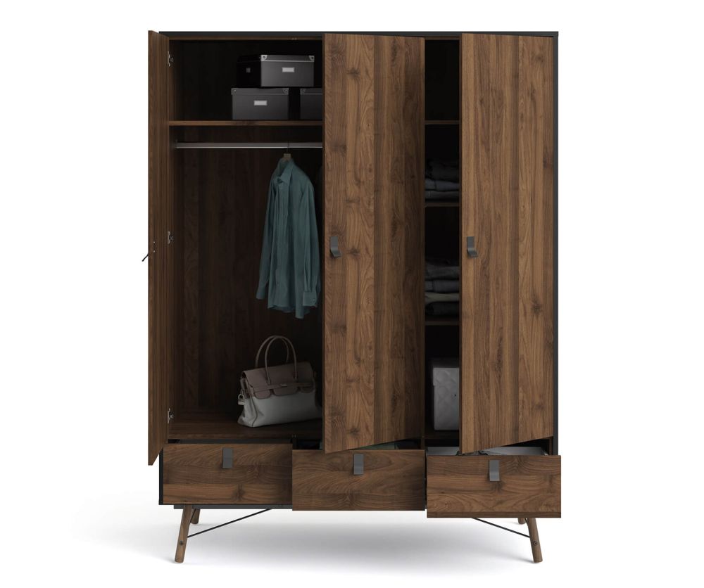 FTG Ry Matt Black and Walnut 3 door 3 Drawer Wardrobe