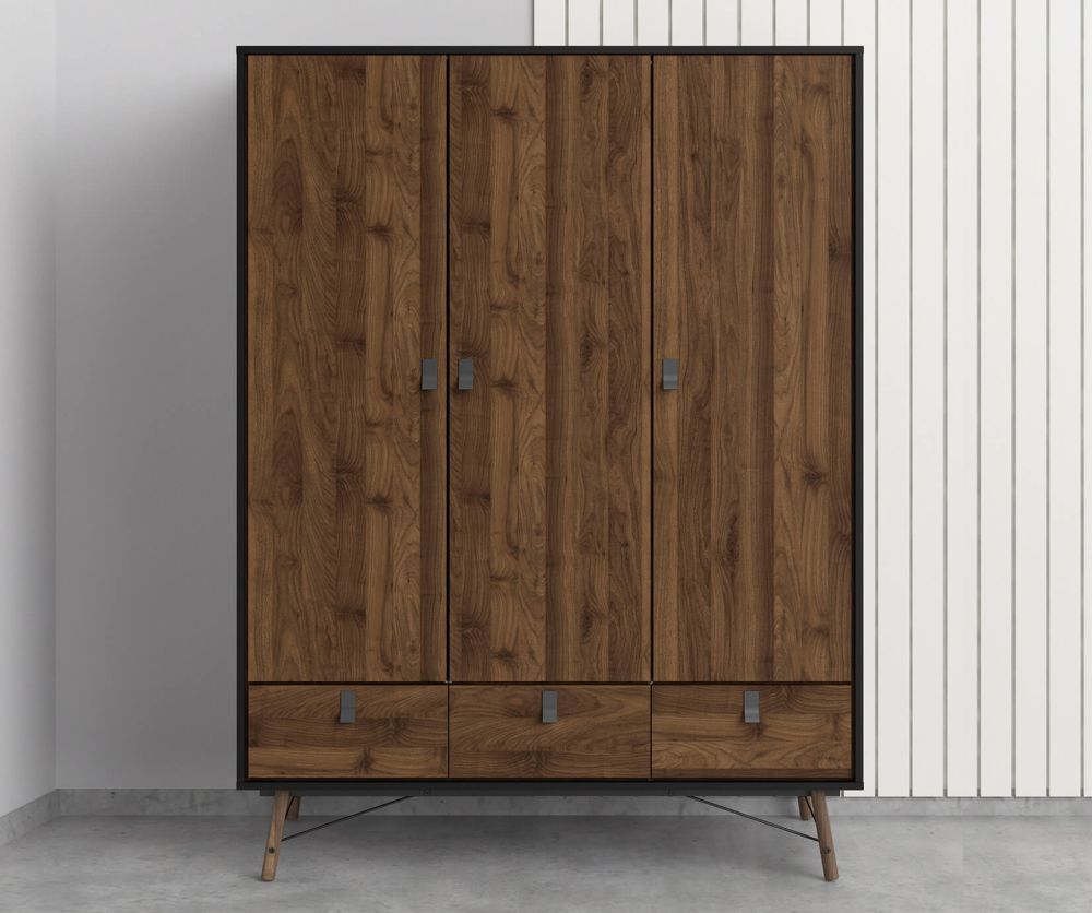 FTG Ry Matt Black and Walnut 3 door 3 Drawer Wardrobe