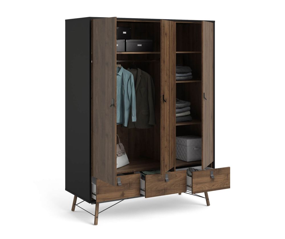 FTG Ry Matt Black and Walnut 3 door 3 Drawer Wardrobe