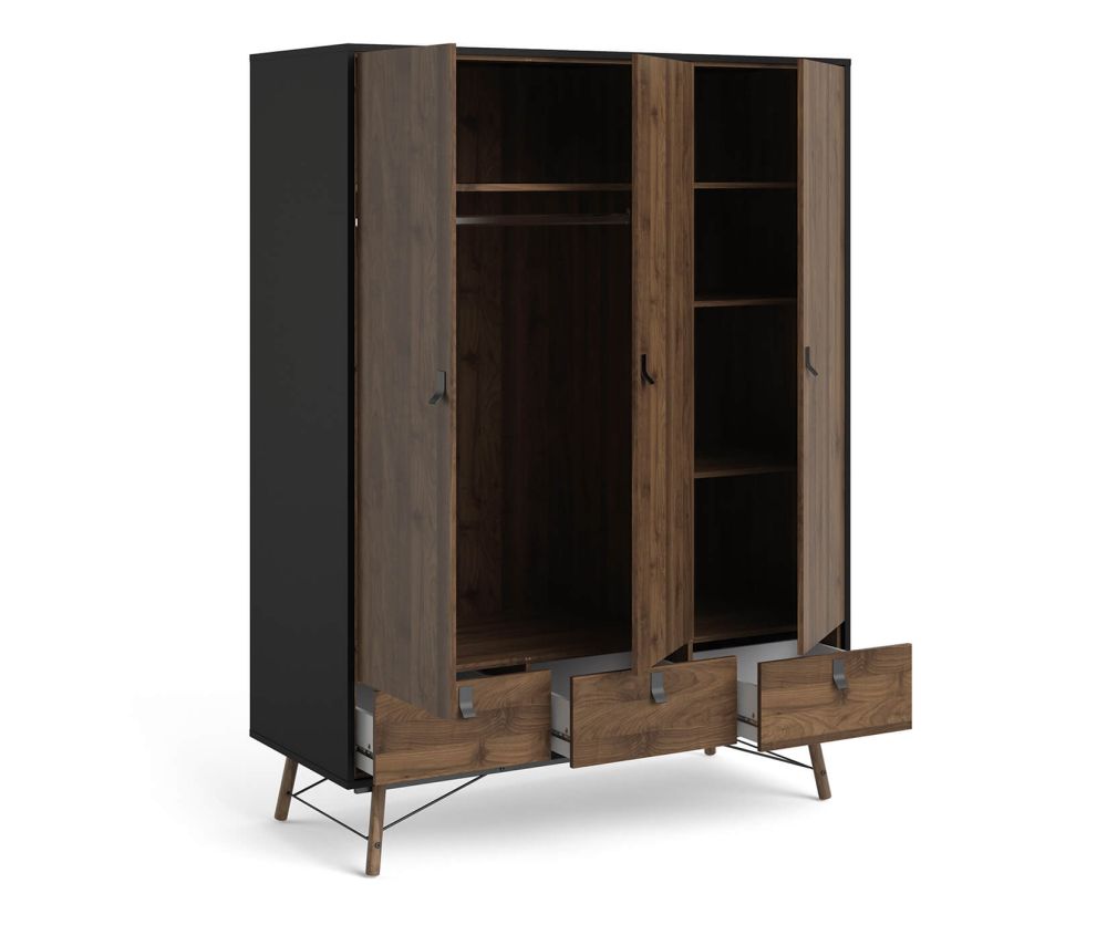 FTG Ry Matt Black and Walnut 3 door 3 Drawer Wardrobe