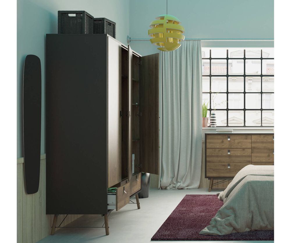 FTG Ry Matt Black and Walnut 3 door 3 Drawer Wardrobe