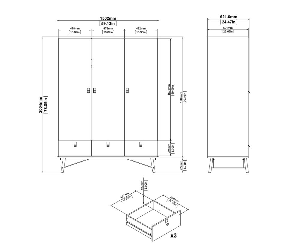 FTG Ry Matt Black and Walnut 3 door 3 Drawer Wardrobe