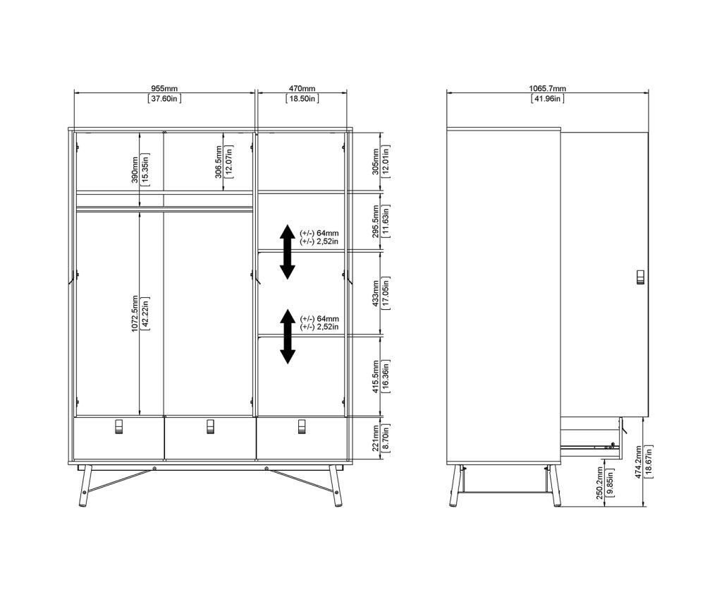 FTG Ry Matt Black and Walnut 3 door 3 Drawer Wardrobe
