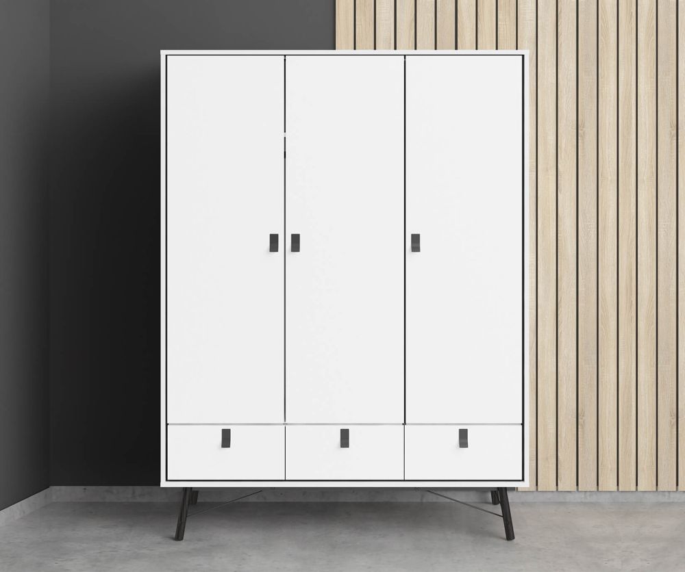 FTG Ry Matt White 3 door 3 Drawer Wardrobe