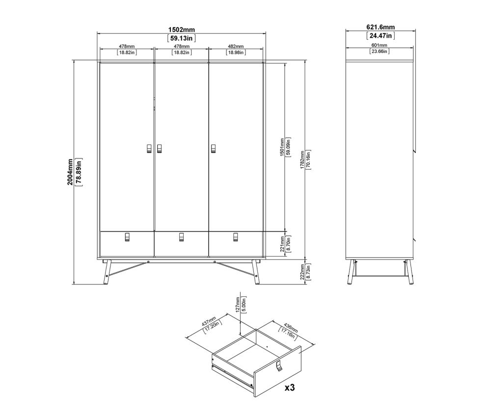 FTG Ry Matt White 3 door 3 Drawer Wardrobe