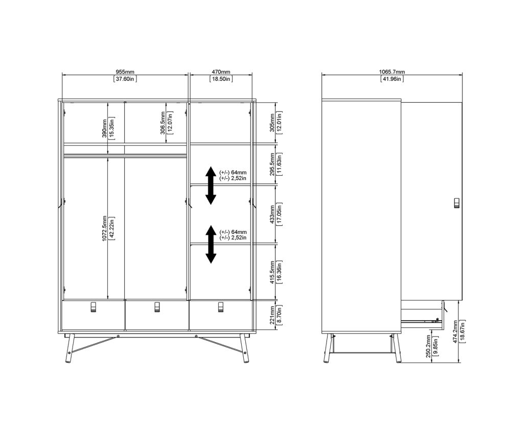 FTG Ry Matt White 3 door 3 Drawer Wardrobe
