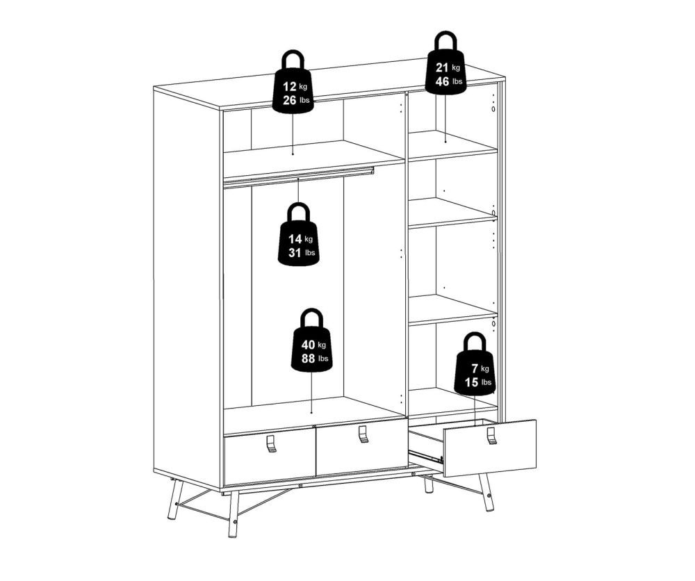 FTG Ry Matt White 3 door 3 Drawer Wardrobe