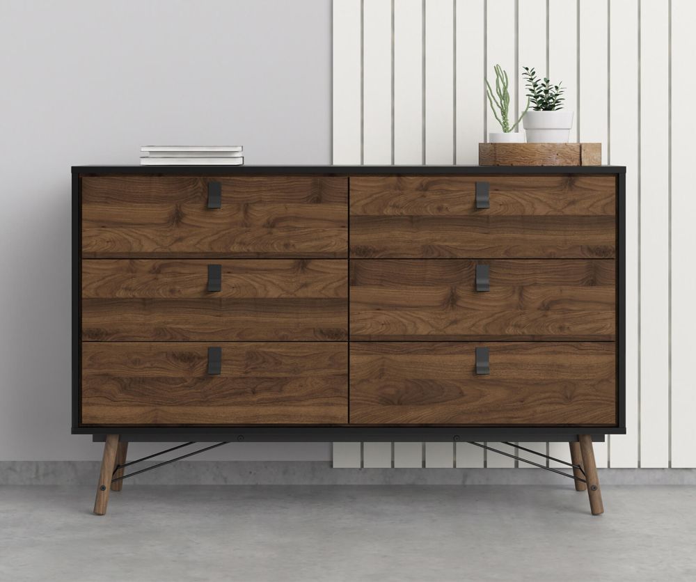 FTG Ry Matt Black and Walnut 6 Drawer Wide Double Chest