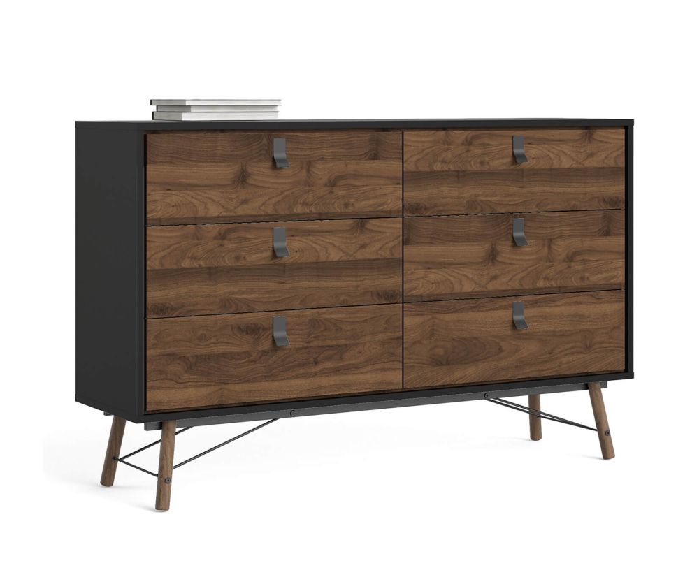 FTG Ry Matt Black and Walnut 6 Drawer Wide Double Chest