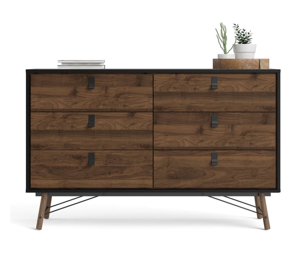 FTG Ry Matt Black and Walnut 6 Drawer Wide Double Chest