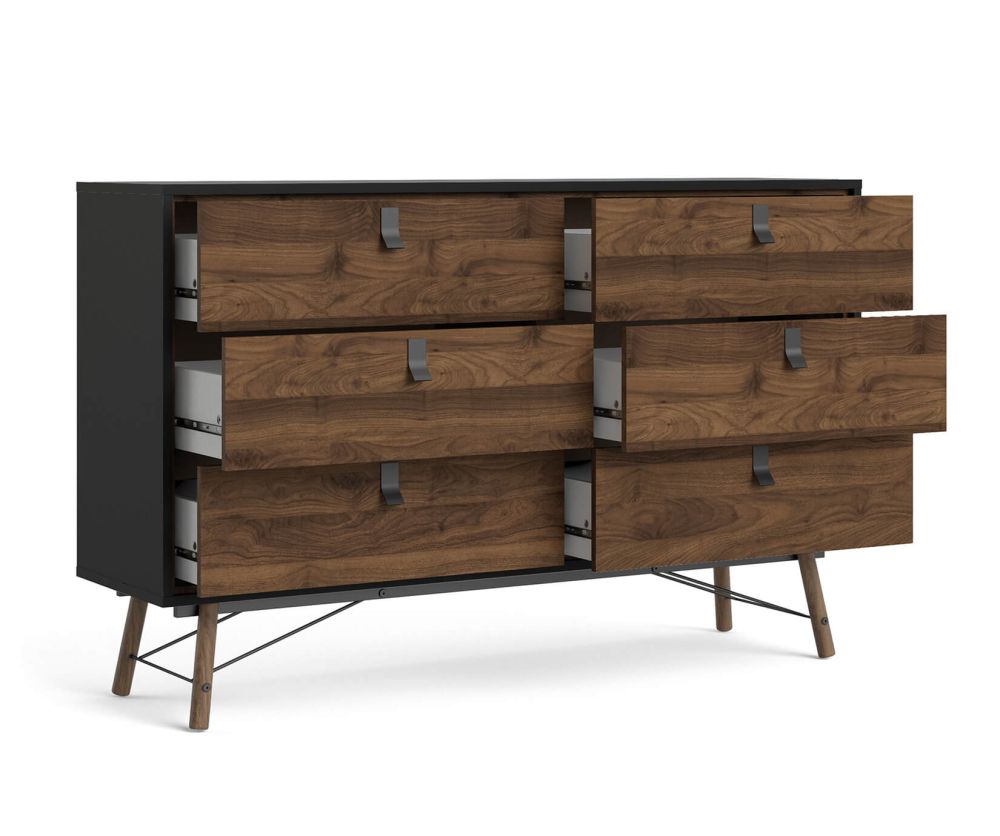FTG Ry Matt Black and Walnut 6 Drawer Wide Double Chest