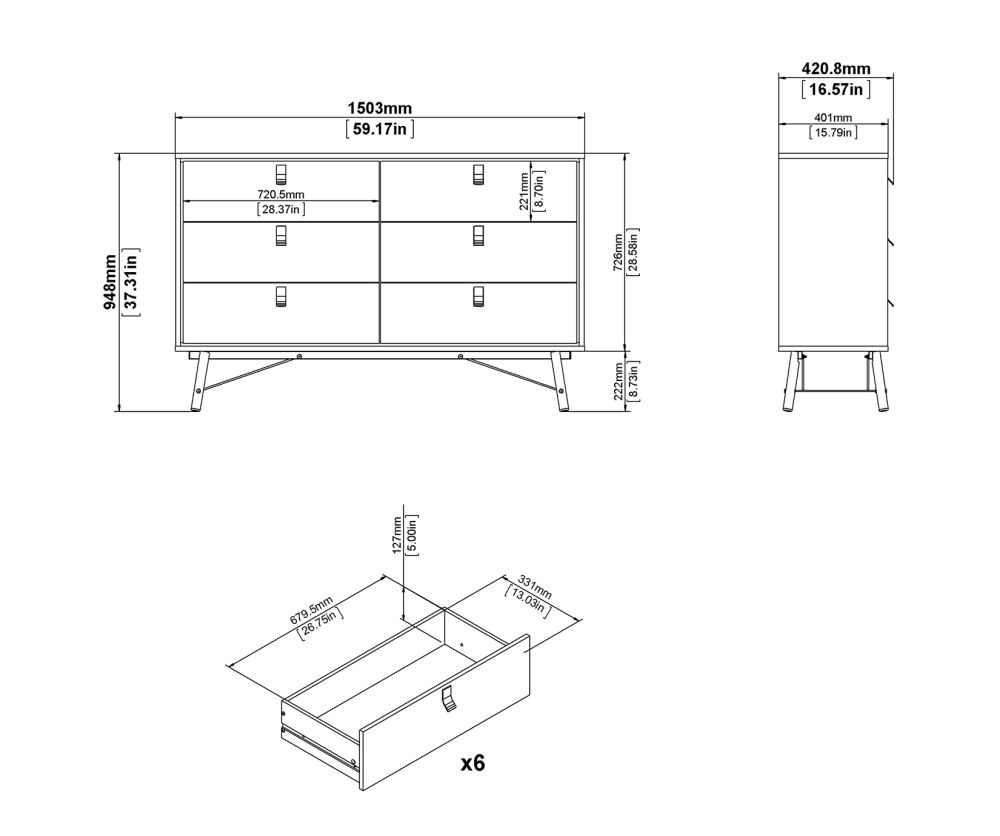 FTG Ry Matt Black and Walnut 6 Drawer Wide Double Chest