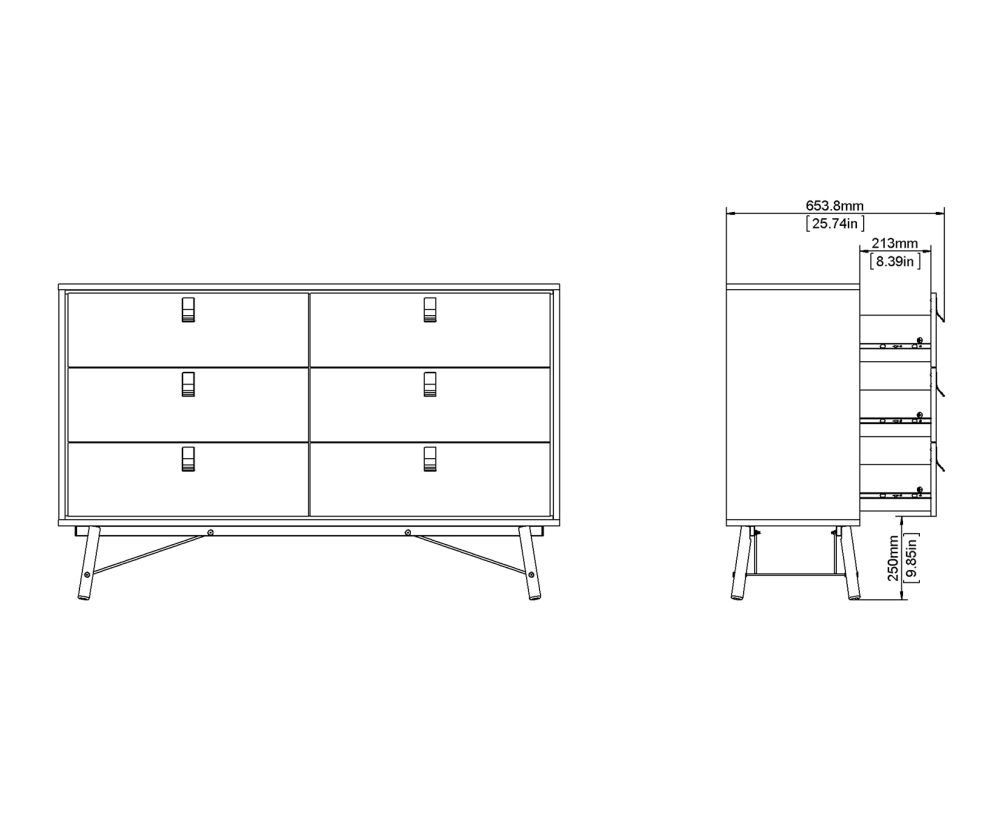 FTG Ry Matt Black and Walnut 6 Drawer Wide Double Chest