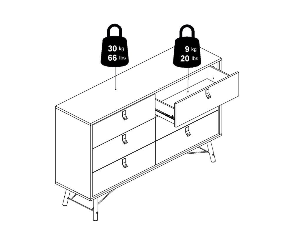 FTG Ry Matt Black and Walnut 6 Drawer Wide Double Chest