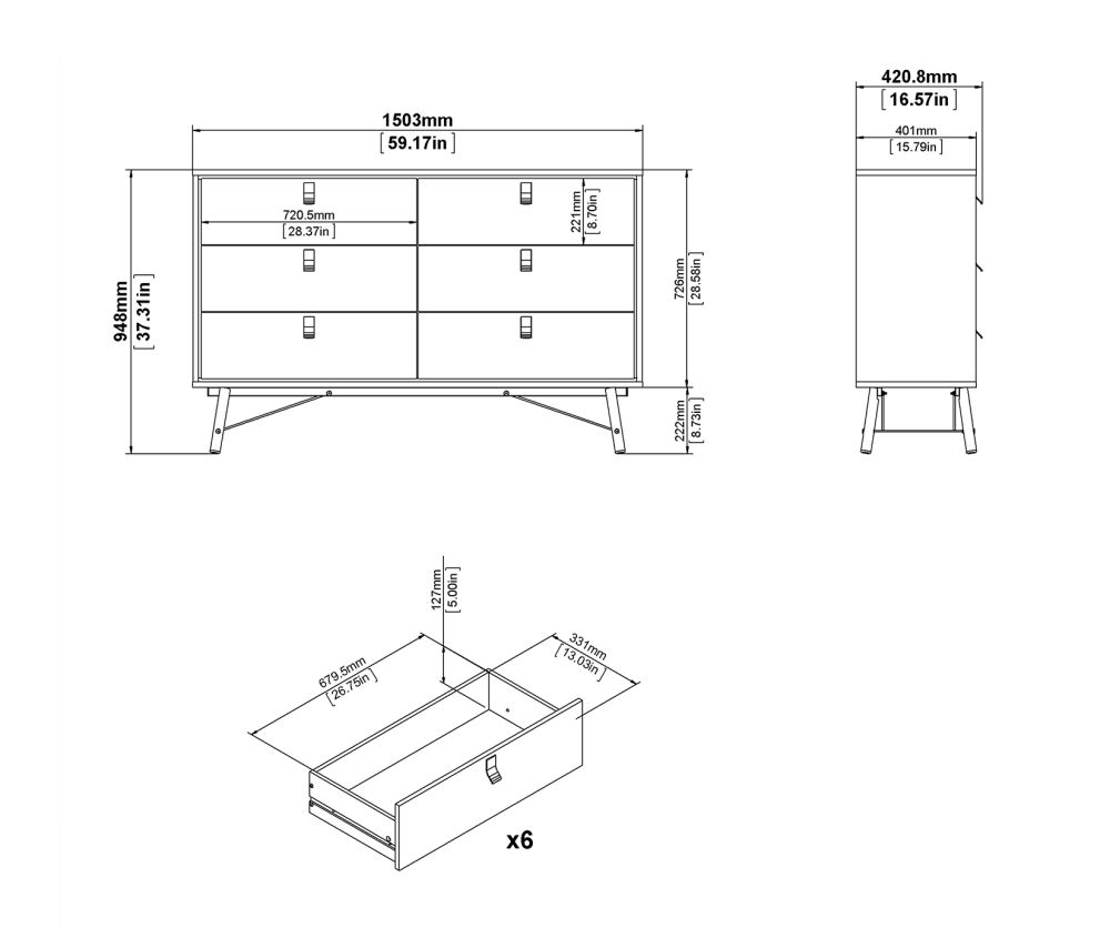 FTG Ry Matt White 6 Drawer Wide Double Chest