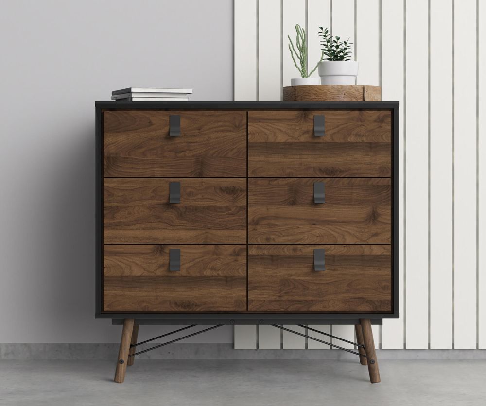 FTG Ry Matt Black and Walnut 6 Drawer Double Chest