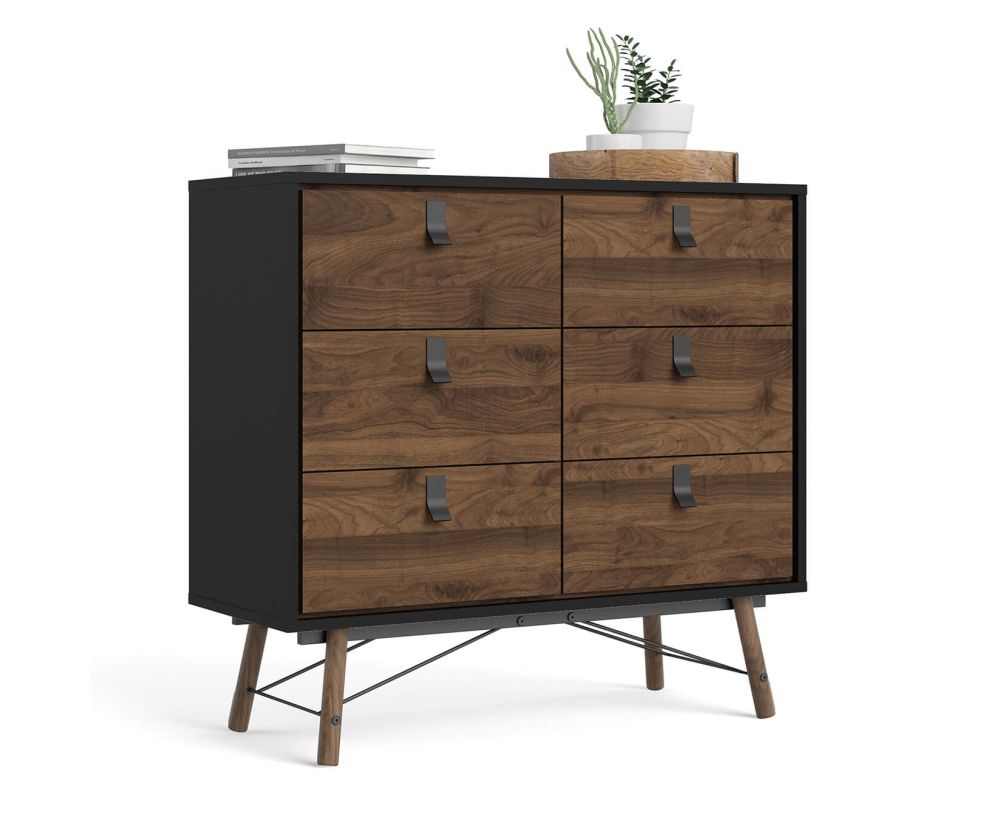 FTG Ry Matt Black and Walnut 6 Drawer Double Chest