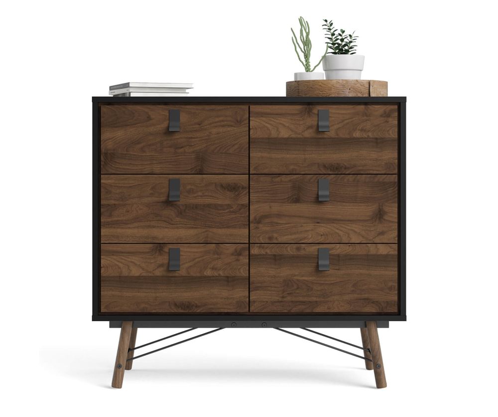FTG Ry Matt Black and Walnut 6 Drawer Double Chest