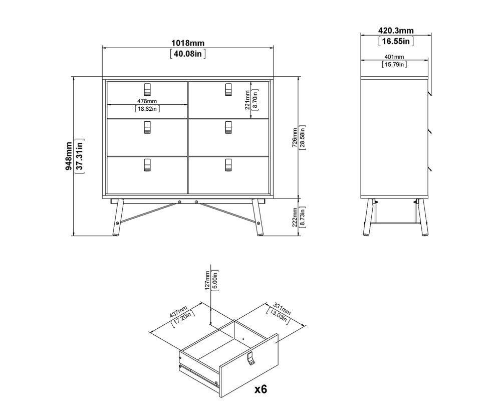 FTG Ry Matt Black and Walnut 6 Drawer Double Chest