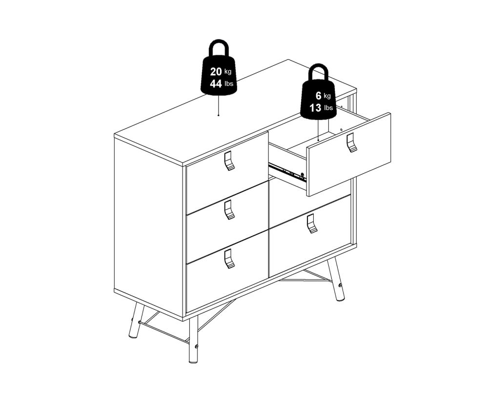 FTG Ry Matt Black and Walnut 6 Drawer Double Chest