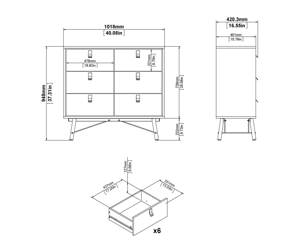 FTG Ry Matt White 6 Drawer Double Chest