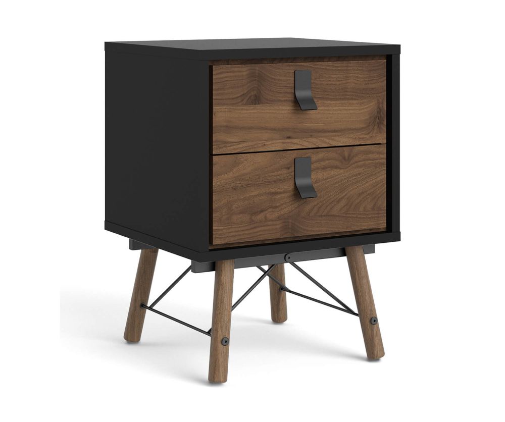 FTG Ry Matt Black and Walnut 2 drawer Bedside Cabinet