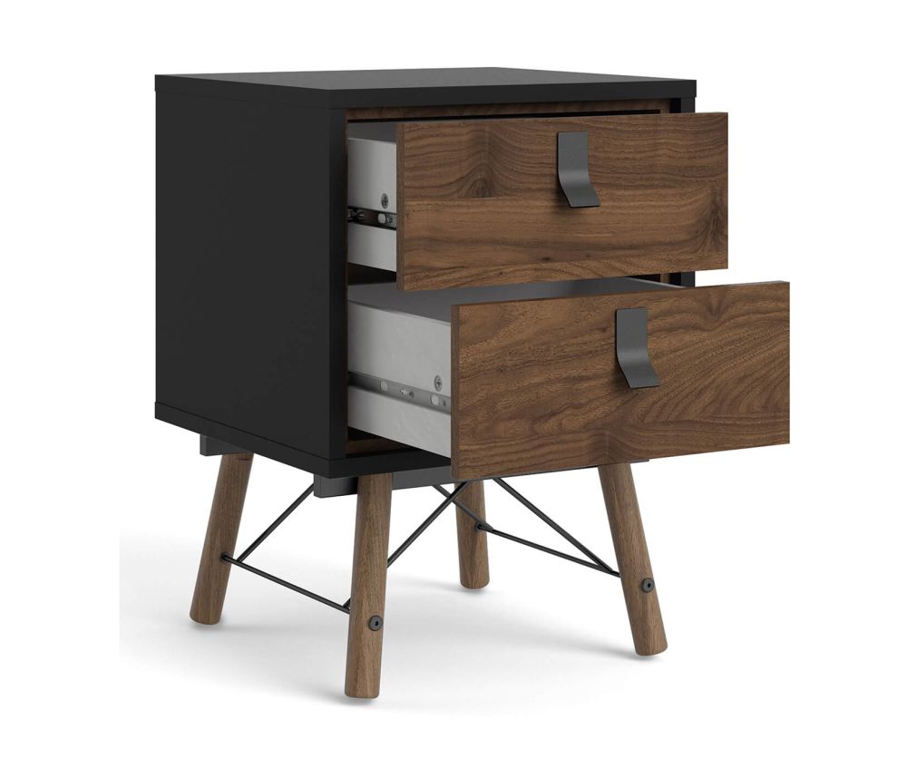 FTG Ry Matt Black and Walnut 2 drawer Bedside Cabinet