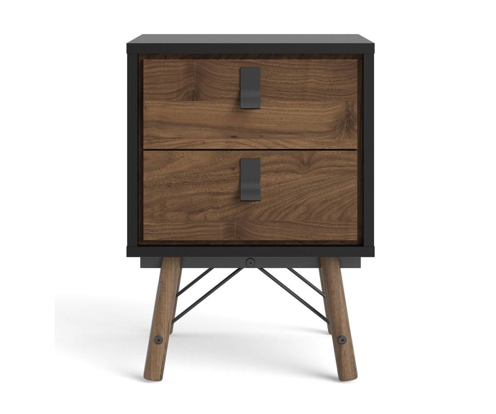 FTG Ry Matt Black and Walnut 2 drawer Bedside Cabinet