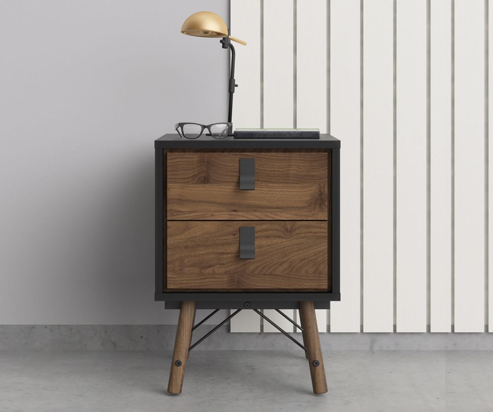 FTG Ry Matt Black and Walnut 2 drawer Bedside Cabinet