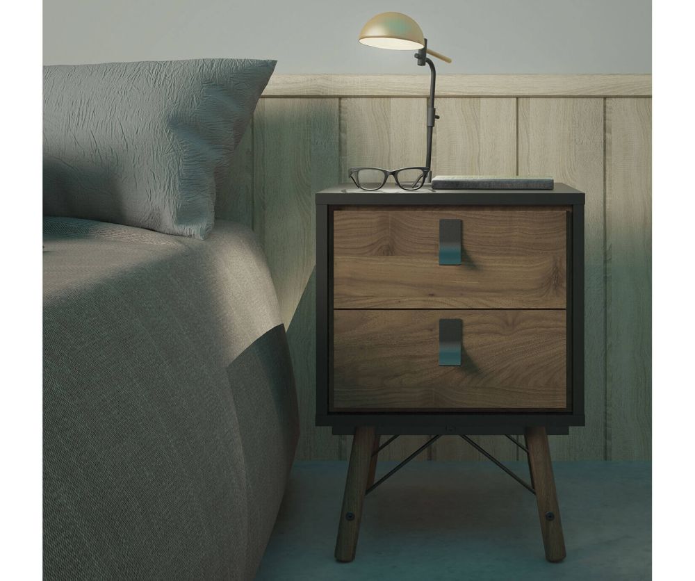 FTG Ry Matt Black and Walnut 2 drawer Bedside Cabinet