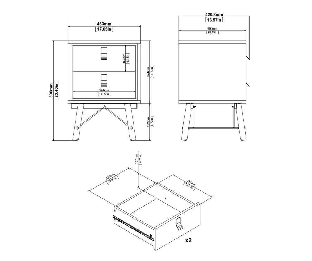 FTG Ry Matt White 2 drawer Bedside Cabinet