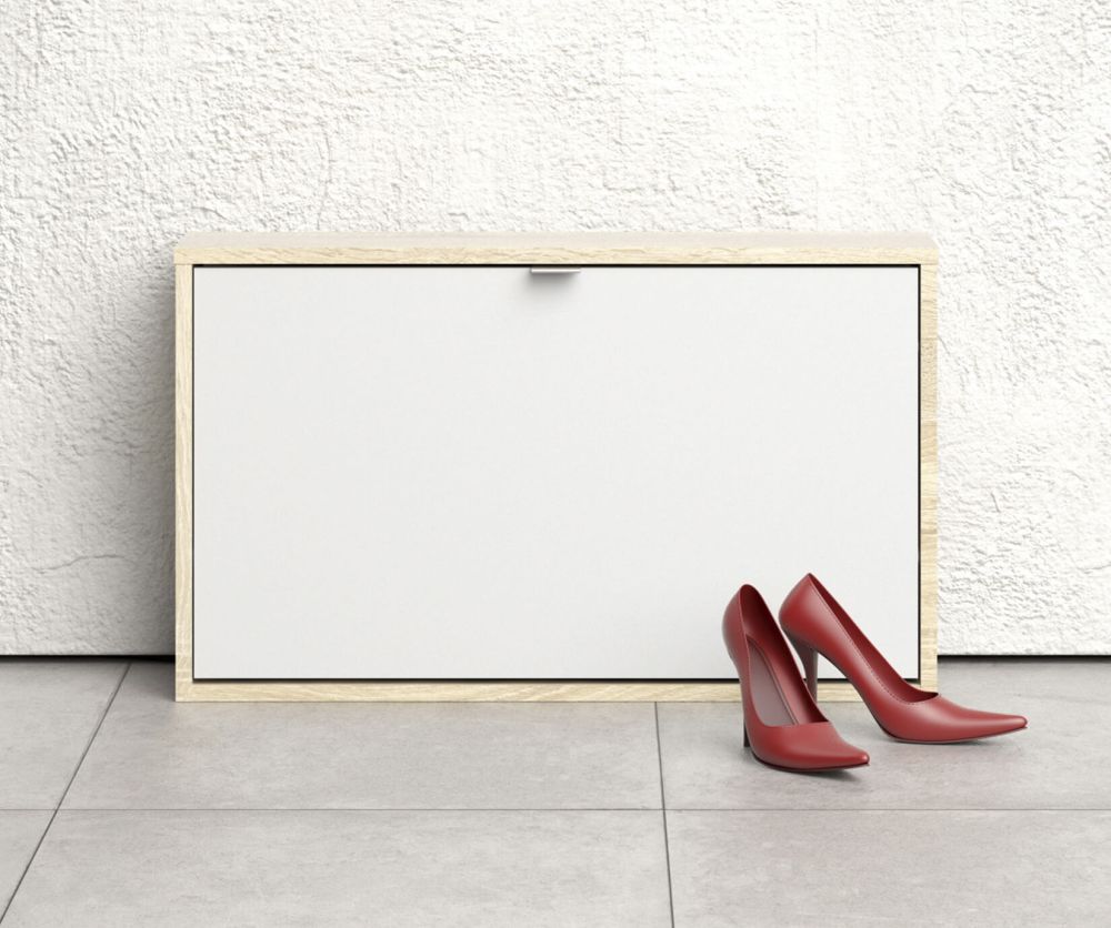 FTG Shoes White and Oak Shoe Cabinet W. 1 Tilting Door and 1 Layer