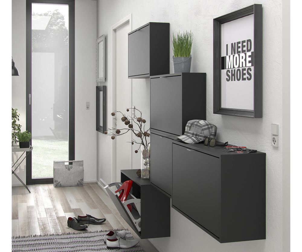 FTG Shoes Matt Black Shoe Cabinet W. 1 Tilting Door and 1 Layer