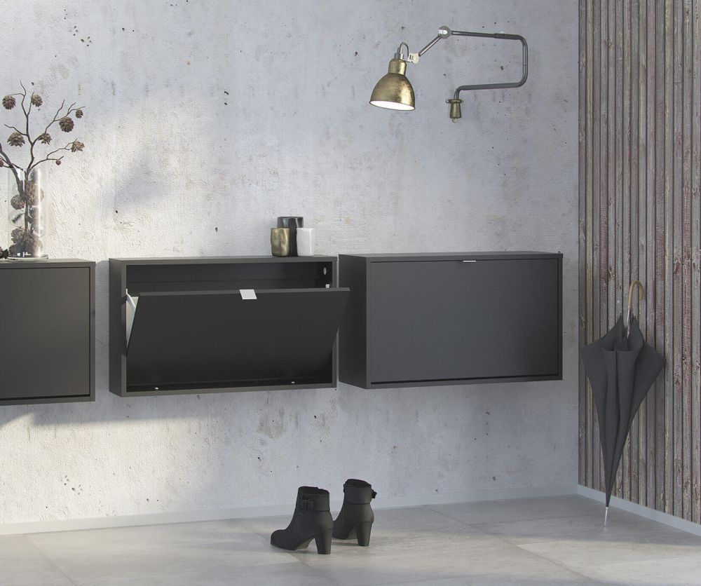 FTG Shoes Matt Black Shoe Cabinet W. 1 Tilting Door and 1 Layer