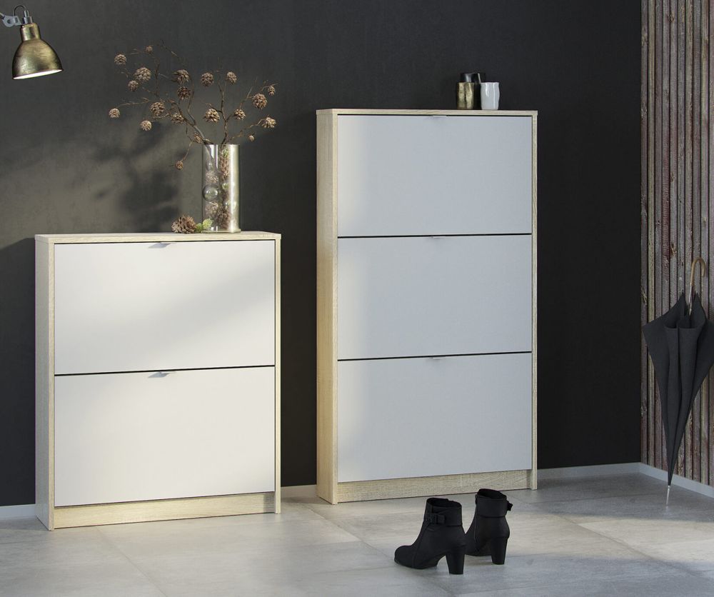 FTG Shoes White and Oak Shoe Cabinet W. 2 Tilting Door and 1 Layer
