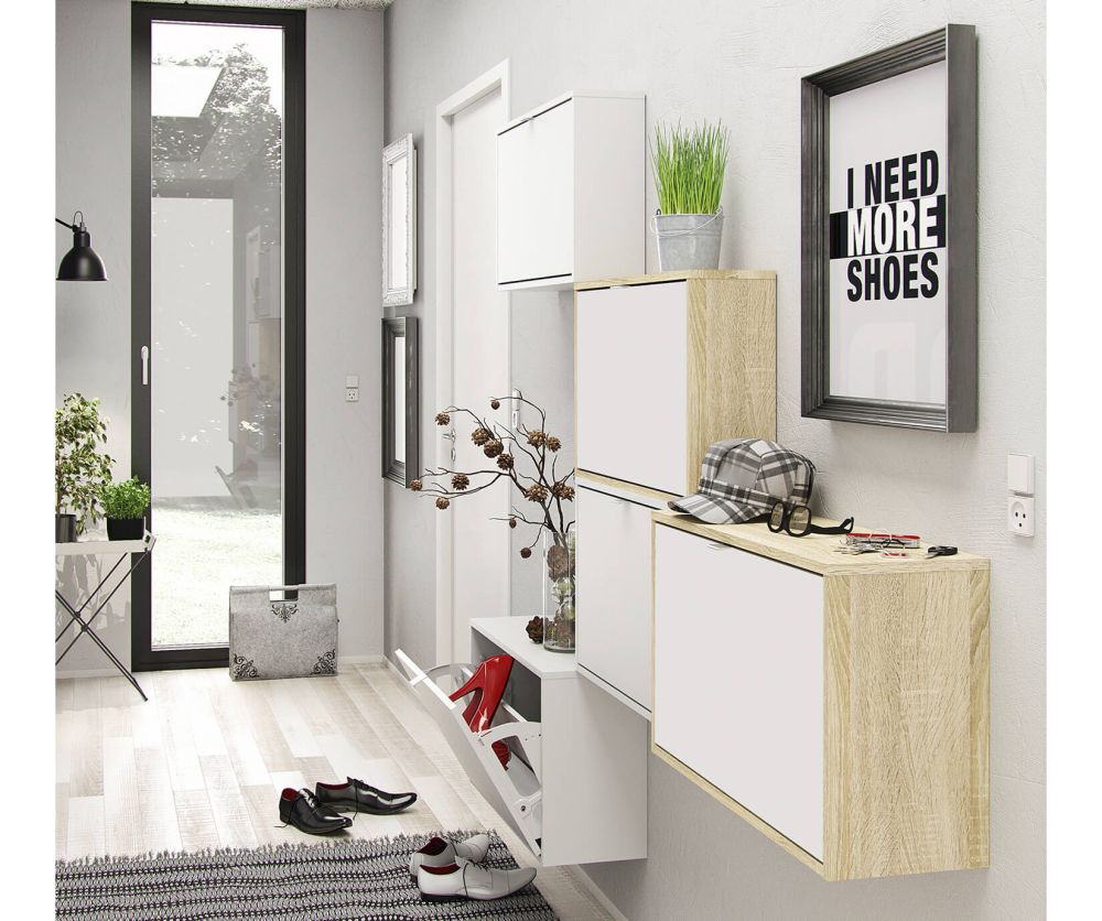 FTG Shoes White and Oak Shoe Cabinet W. 2 Tilting Door and 1 Layer