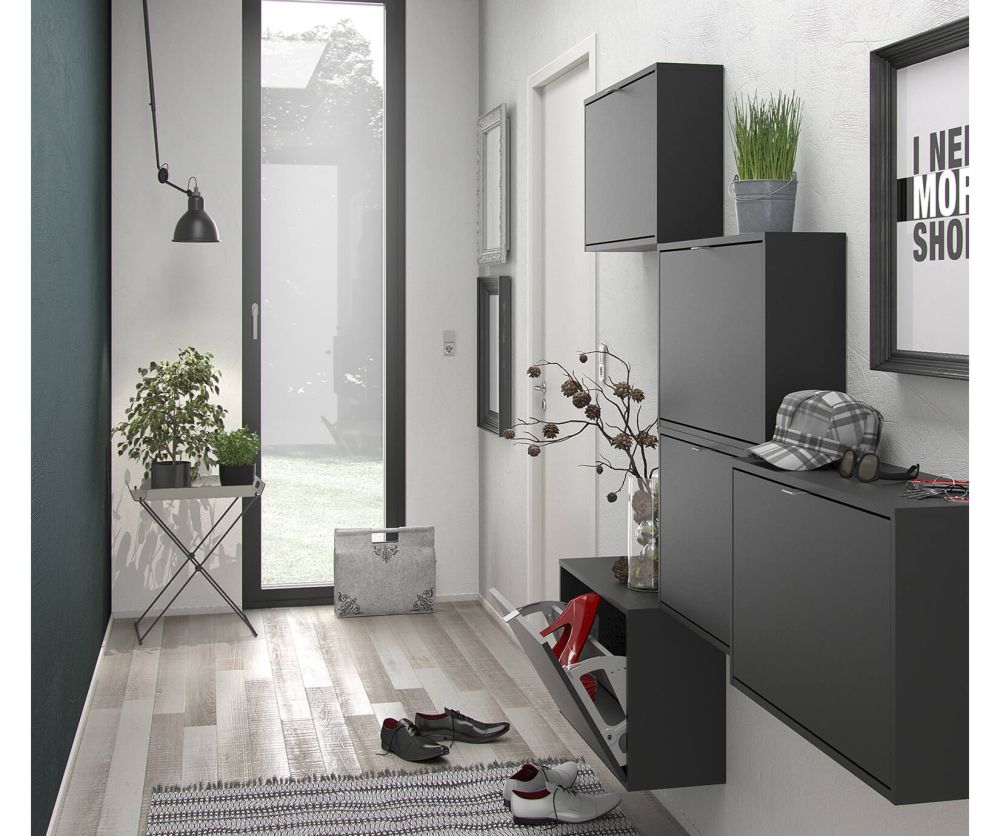FTG Shoes Matt Black Shoe Cabinet W. 2 Tilting Door and 1 Layer