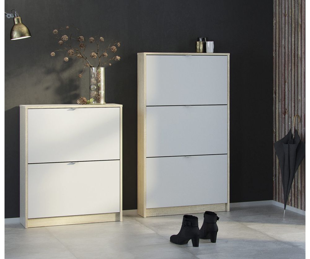 FTG Shoes White and Oak Shoe Cabinet W. 3 Tilting Door and 1 Layer