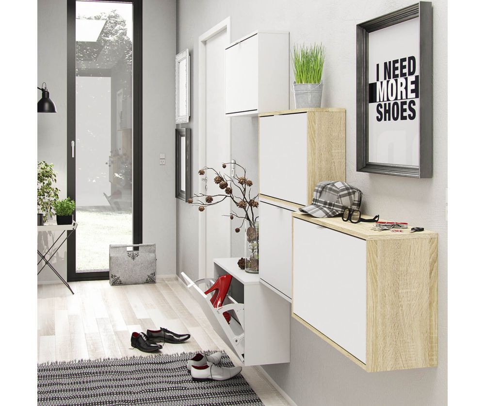 FTG Shoes White and Oak Shoe Cabinet W. 3 Tilting Door and 1 Layer