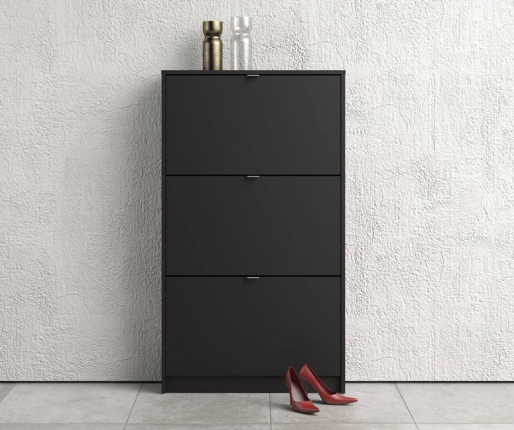 FTG Shoes Matt Black Shoe Cabinet W. 3 Tilting Door and 1 Layer
