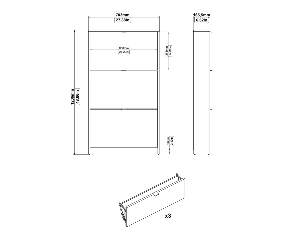 FTG Shoes Matt Black Shoe Cabinet W. 3 Tilting Door and 1 Layer