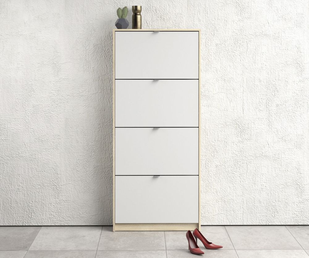 FTG Shoes White and Oak Shoe Cabinet W. 4 Tilting Door and 1 Layer
