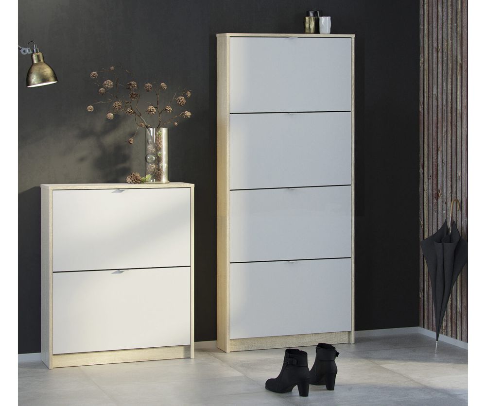 FTG Shoes White and Oak Shoe Cabinet W. 4 Tilting Door and 1 Layer