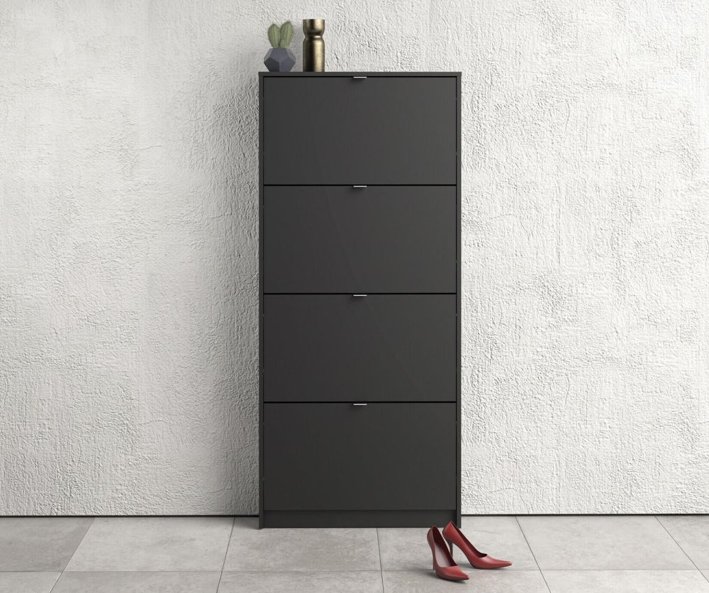 FTG Shoes Matt Black Shoe Cabinet W. 4 Tilting Door and 1 Layer