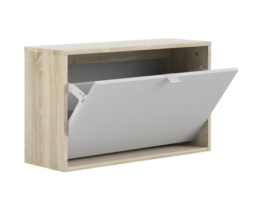 FTG Shoes White and Oak Shoe Cabinet W. 1 Tilting Door and 2 Layer