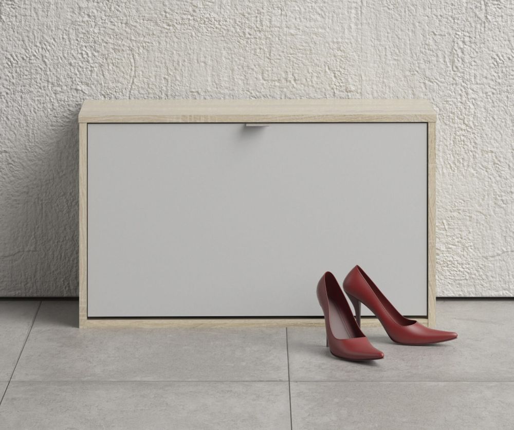 FTG Shoes White and Oak Shoe Cabinet W. 1 Tilting Door and 2 Layer